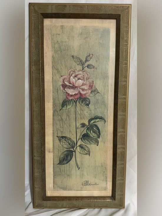 Other - Vintage Mid-Century Floral Rose  Print by Allen, Faux Wood & Gold Frame